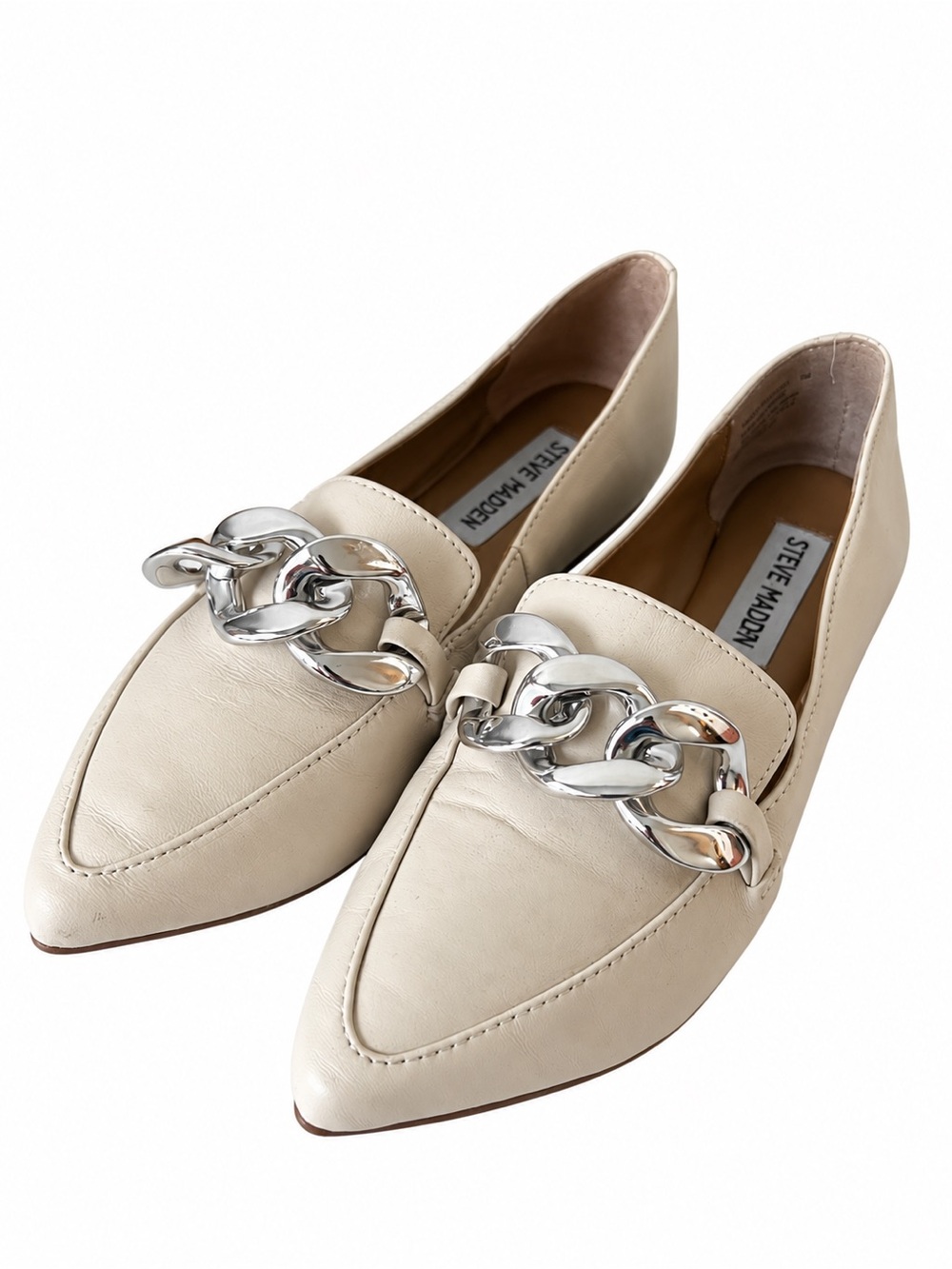 Steve Madden Cream Pointed Loafers with Silver Chain